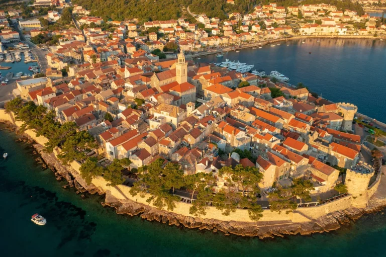 Aerial view of Korcula town on Korcula island, Adriatic Sea, Croatia