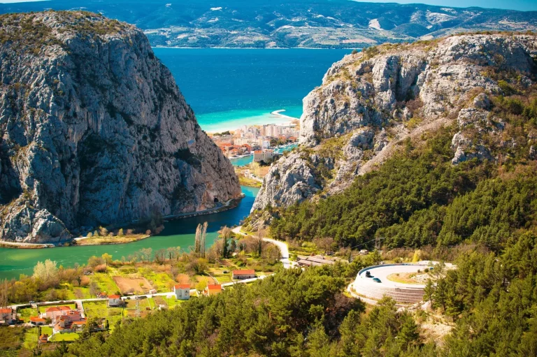 Cetina river canyon and mouth in Omis view from above
