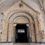 Croatia, Trogir, Gateway The Cathedral of St. Lawrence, a Roman Catholic triple naved basilica constructed in Romanesque Gothic in Trogir, Croatia.