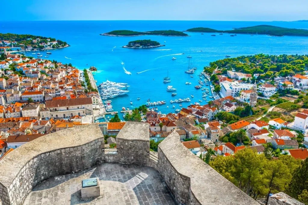 Hvar archipelago summer aerial. / Aerial view at amazing archipelago in front of town Hvar, Croatia Mediterranean.
