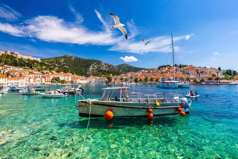 Die Stadt Hvar mit Möwen, die über die Stadt fliegen, ein berühmtes Luxusreiseziel in Kroatien. Boote auf der Insel Hvar, eine der vielen Inseln in der Nähe von Dubrovnik und Korcula an der dalmatinischen Küste Kroatiens.