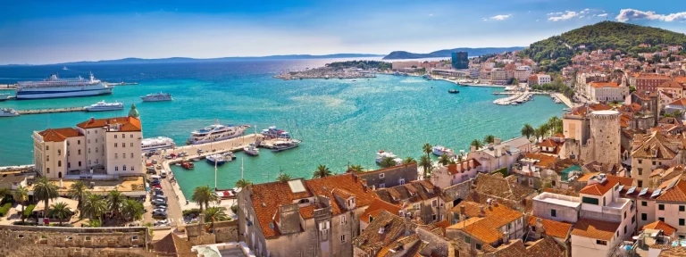 Split historic waterfront panoramic aerial view
