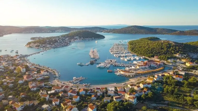 Aerial View of Yacht Club and Marina in Croatia, 4K. Frapa